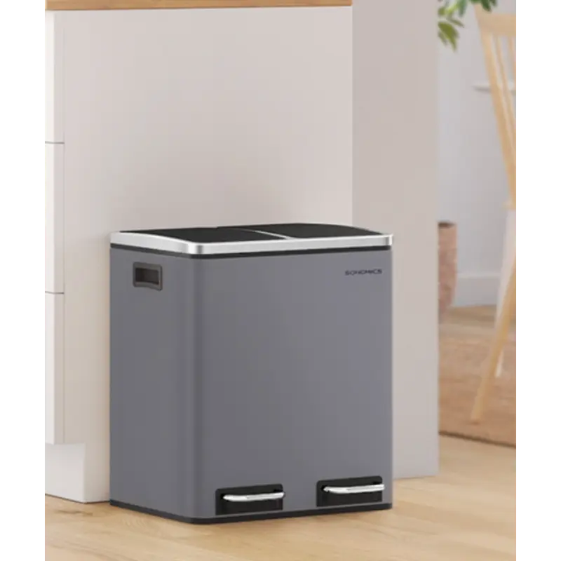 1 Kitchen Trash Can, 2 x 15 Liters, 2-Compartment Waste Separation System, Includes 15 Garbage Bags, Waste Bin, Kick Bin, Recyclable Waste, Organic Waste, Softclose Lid, Compact Design, Rust Resistant, Modern Look, Removable Inner Buckets, Foot Pedal, Soft Close Lids, Practical Handles - Knapdirect
