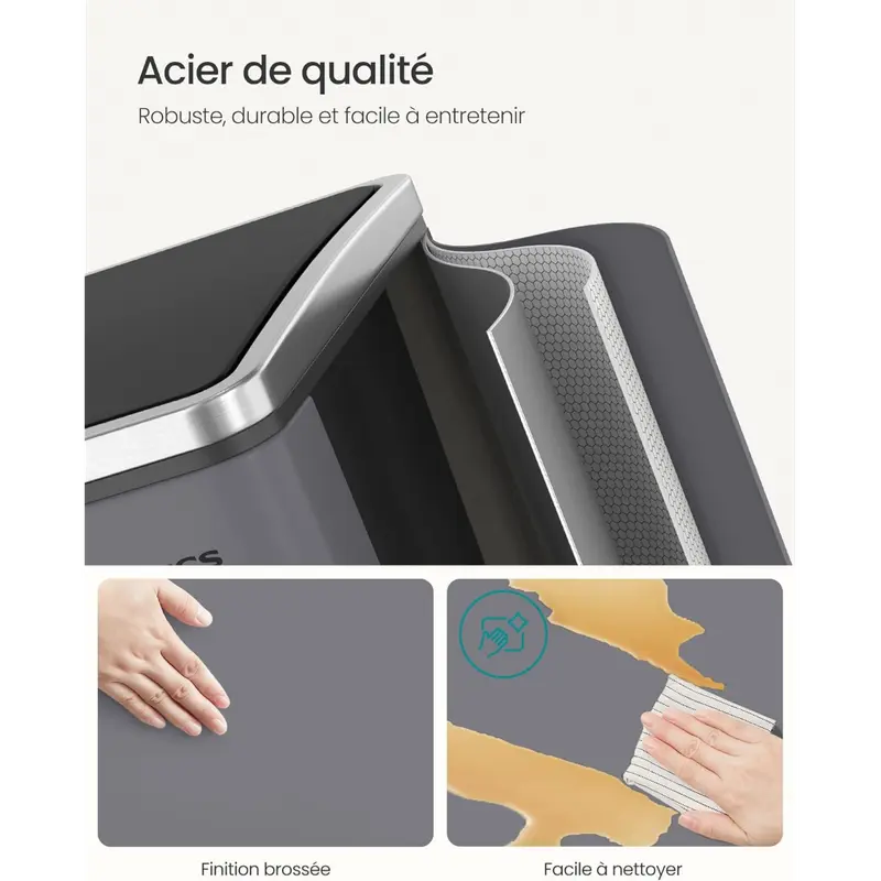 2 Kitchen Trash Can, 2 x 15 Liters, 2-Compartment Waste Separation System, Includes 15 Garbage Bags, Waste Bin, Kick Bin, Recyclable Waste, Organic Waste, Softclose Lid, Compact Design, Rust Resistant, Modern Look, Removable Inner Buckets, Foot Pedal, Soft Close Lids, Practical Handles - Image 2