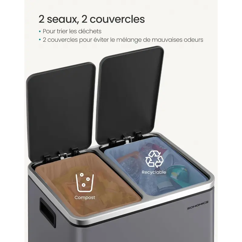 4 Kitchen Trash Can, 2 x 15 Liters, 2-Compartment Waste Separation System, Includes 15 Garbage Bags, Waste Bin, Kick Bin, Recyclable Waste, Organic Waste, Softclose Lid, Compact Design, Rust Resistant, Modern Look, Removable Inner Buckets, Foot Pedal, Soft Close Lids, Practical Handles - Image 4