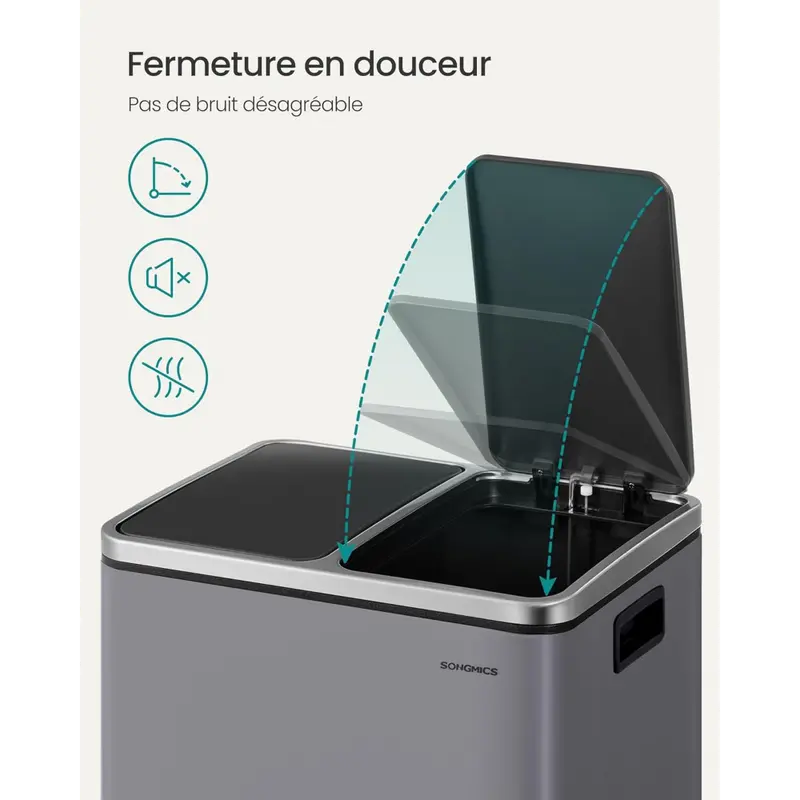 5 Kitchen Trash Can, 2 x 15 Liters, 2-Compartment Waste Separation System, Includes 15 Garbage Bags, Waste Bin, Kick Bin, Recyclable Waste, Organic Waste, Softclose Lid, Compact Design, Rust Resistant, Modern Look, Removable Inner Buckets, Foot Pedal, Soft Close Lids, Practical Handles - Image 5