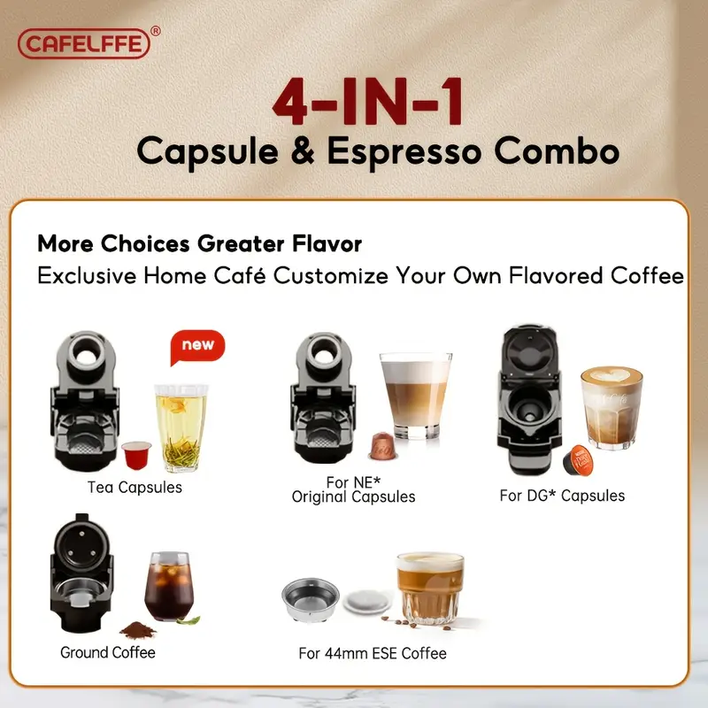 6 CAFELFFE 4 In 1 Capsule Coffee Maker MK603, Hot/Cold Brew Espresso Machine, 19Bar, Suitable For Nec* Capsules, DG* Capsules, ESE And Coffee Powder, Easy To Clean, Rust-proof, 0.6L Removable Water Tank, Suitable For Home Kitchen And Gift Giving - Image 6