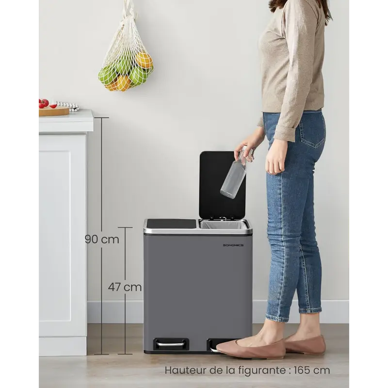 6 Kitchen Trash Can, 2 x 15 Liters, 2-Compartment Waste Separation System, Includes 15 Garbage Bags, Waste Bin, Kick Bin, Recyclable Waste, Organic Waste, Softclose Lid, Compact Design, Rust Resistant, Modern Look, Removable Inner Buckets, Foot Pedal, Soft Close Lids, Practical Handles - Image 6